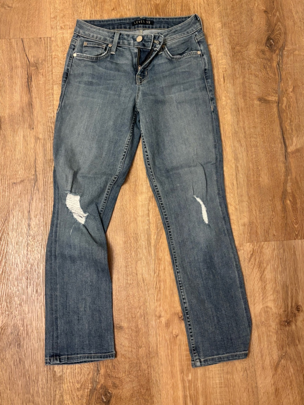 Level 99 Women's Boot Cut Jeans — Washed Blue with Distressed Knees